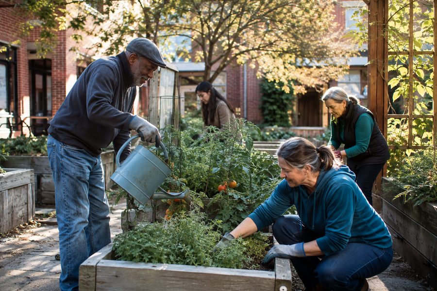 Participants water tomato plants in the raised beds of our courtyard garden